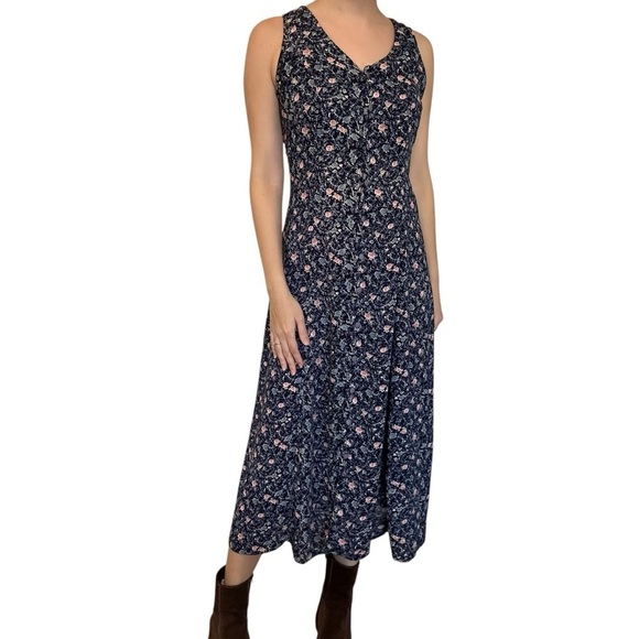 Vintage Dresses & Skirts - Vintage Lace Up Dress Midi Modest 90s Whimsigoth Fall Floral Blue Size Small